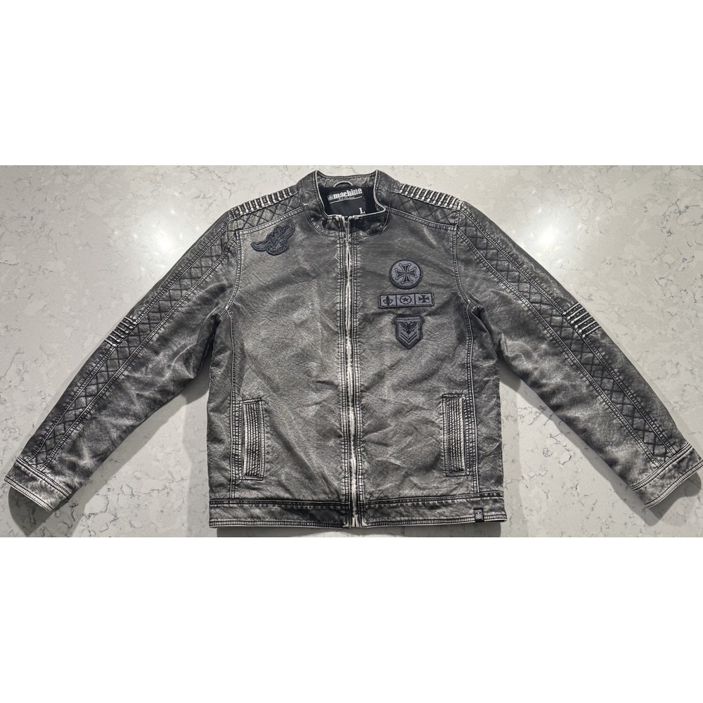 VTG‎ Machine Faux Leather Jacket Mens Large Gray Full Zip Patches Moto Biker Y2K